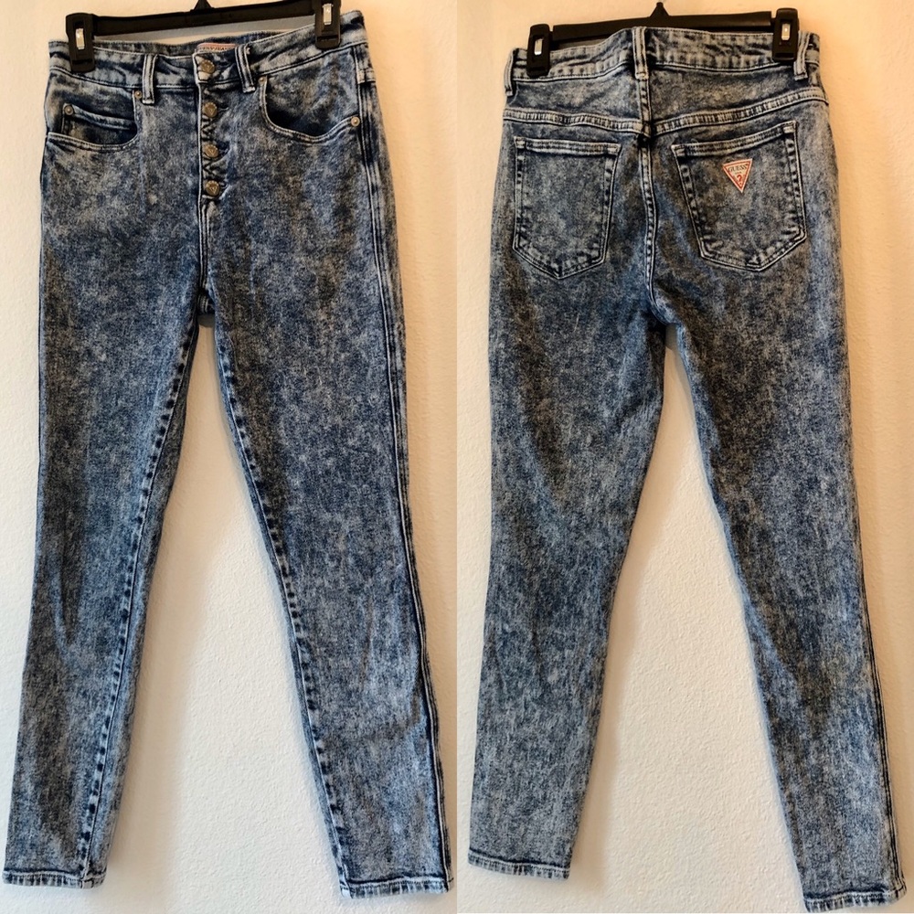 Guess 1981 skinny, acid wash jeans.